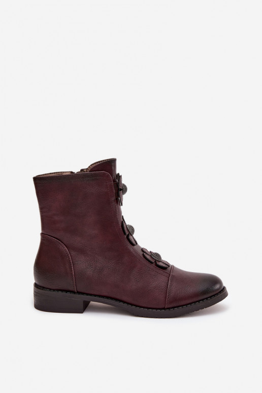 Warm women's ankle boots with wide heels and floral motifs in burgundy Pravienne