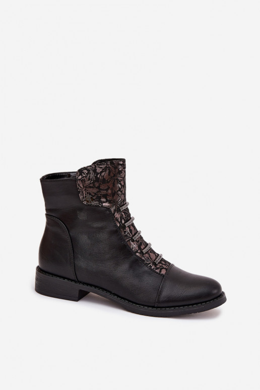 Warm women's ankle boots with wide heels and floral motifs in black Labise