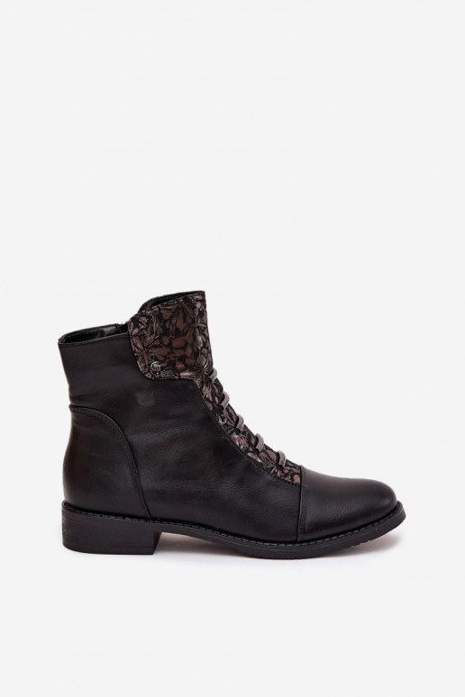 Warm women's ankle boots with wide heels and floral motifs in black Labise