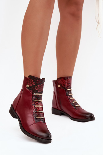Warm women's ankle boots with wide heels in animal print in burgundy Labise 2