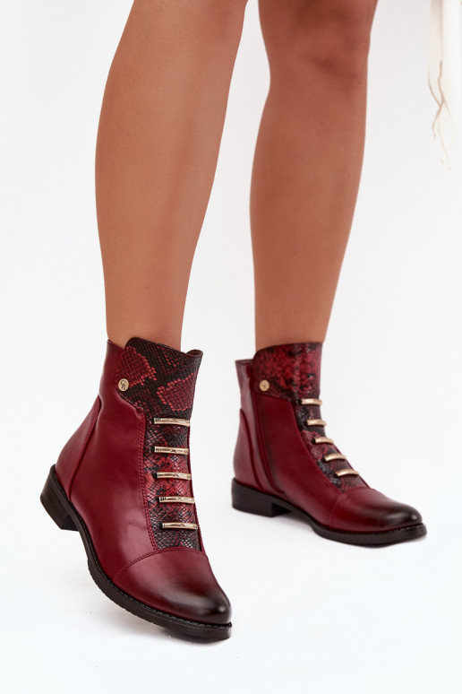 Warm women's ankle boots with wide heels in animal print in burgundy Labise