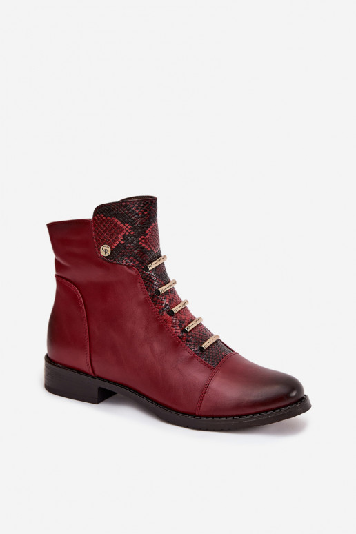 Warm women's ankle boots with wide heels in animal print in burgundy Labise