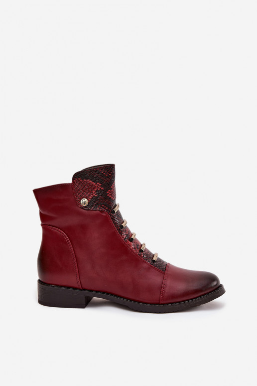 Warm women's ankle boots with wide heels in animal print in burgundy Labise