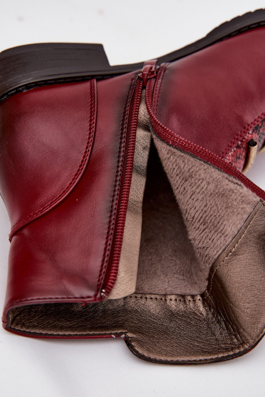 Warm women's ankle boots with wide heels in animal print in burgundy Labise