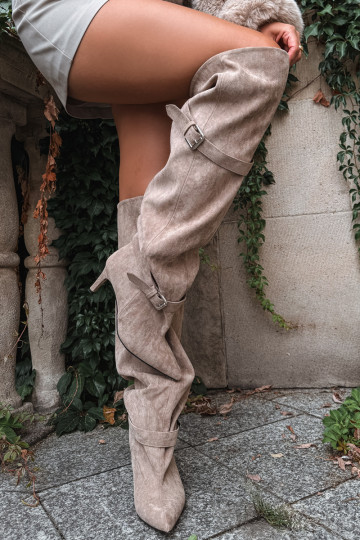 Over-the-knee heeled boots with straps and buckles in sand color Tai turibel 2