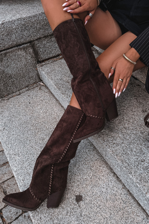 Women's cowboy-style knee-high boots with block heel chocolate Noeline