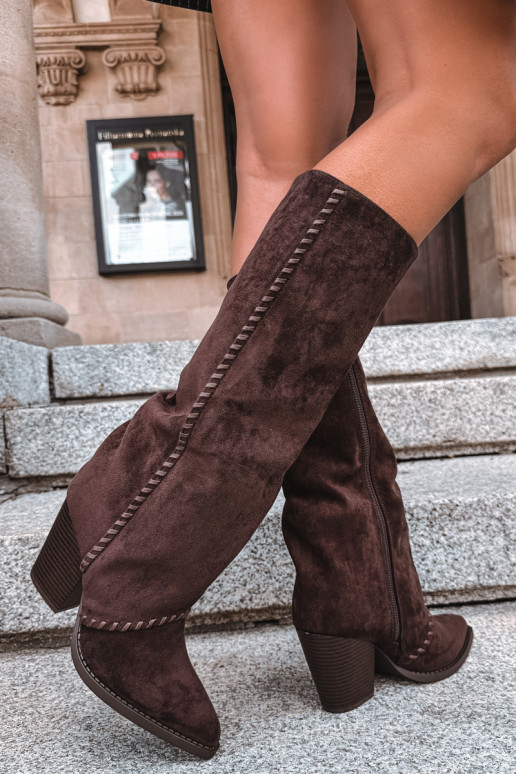 Women's cowboy-style knee-high boots with block heel chocolate Noeline