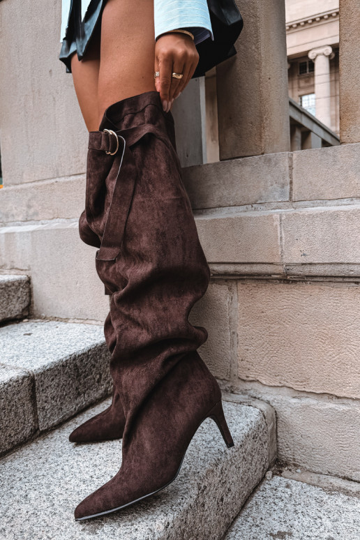 slip-on women's knee-high boots with heels in chocolate color Rosena