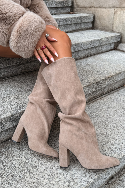 slip-on knee-high boots with heels in sand color Emeline