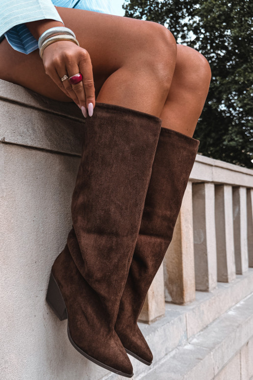 Slip-on knee-high boots with heels, pointed, brown Blenia