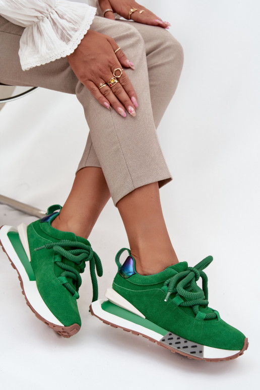 Dirbtinės zomšos moteriški sportbačiai su platforma ir grubiais raišteliais žalios spalvos Artiker 55C0136