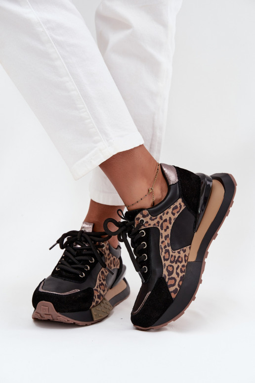Leather women's sneakers with platform and leopard print in black Artiker 55C0134