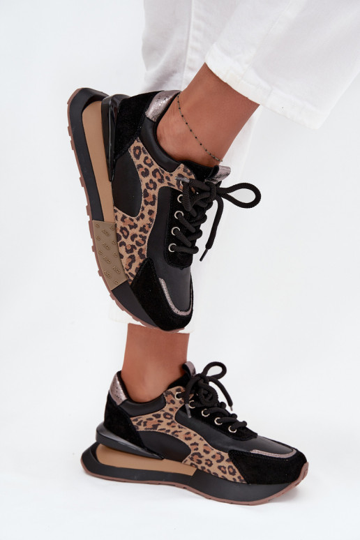 Leather women's sneakers with platform and leopard print in black Artiker 55C0134