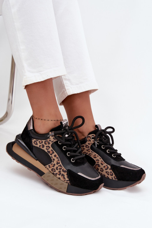 Leather women's sneakers with platform and leopard print in black Artiker 55C0134