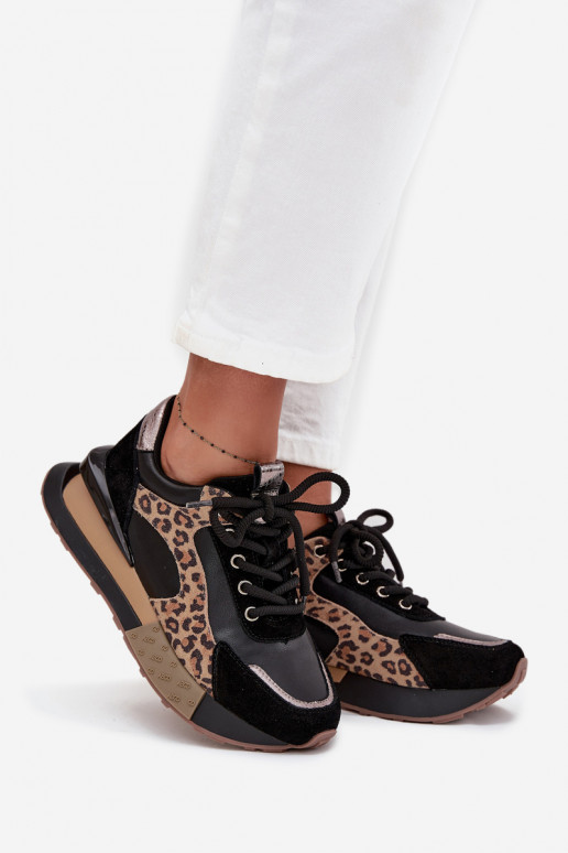 Leather women's sneakers with platform and leopard print in black Artiker 55C0134