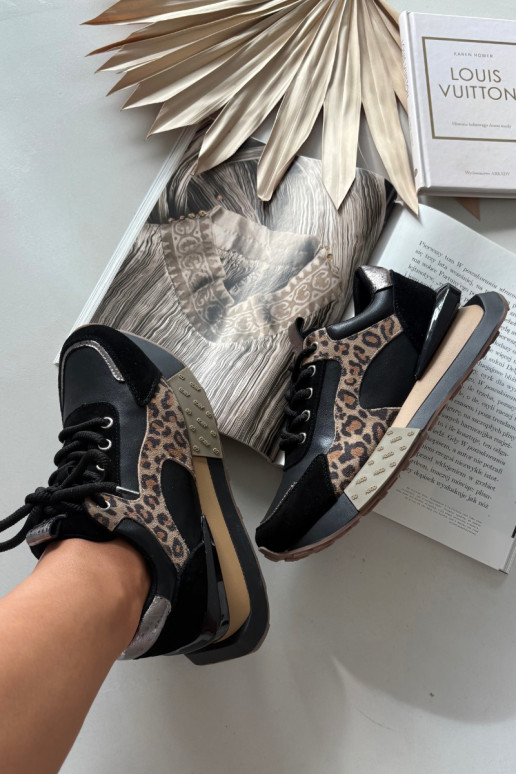 Leather women's sneakers with platform and leopard print in black Artiker 55C0134