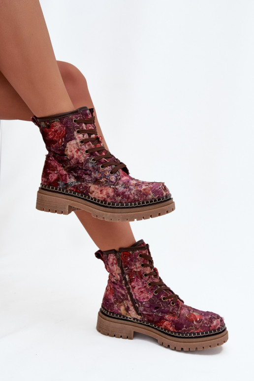 Patterned women's ankle boots in burgundy Artiker 57C1055