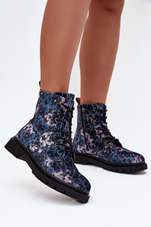 Women's warm ankle boots with flowers in dark blue Artiker 57C1052