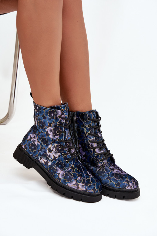 Women's warm ankle boots with flowers in dark blue Artiker 57C1052