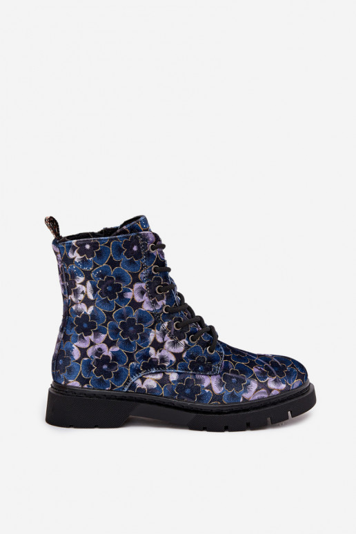 Women's warm ankle boots with flowers in dark blue Artiker 57C1052