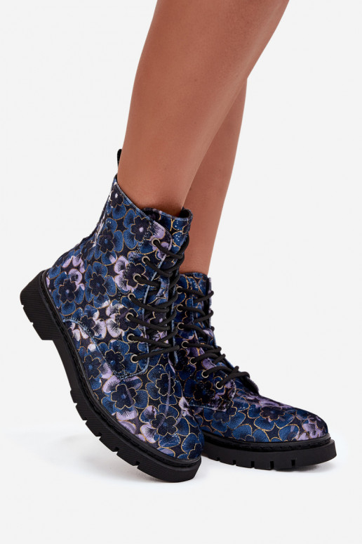 Women's warm ankle boots with flowers in dark blue Artiker 57C1052