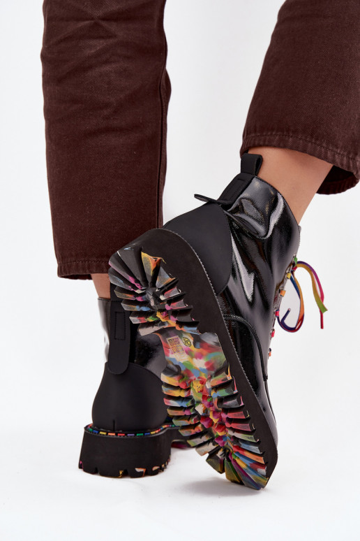 Leather women's ankle boots with patent effect in black Artiker 57C0064
