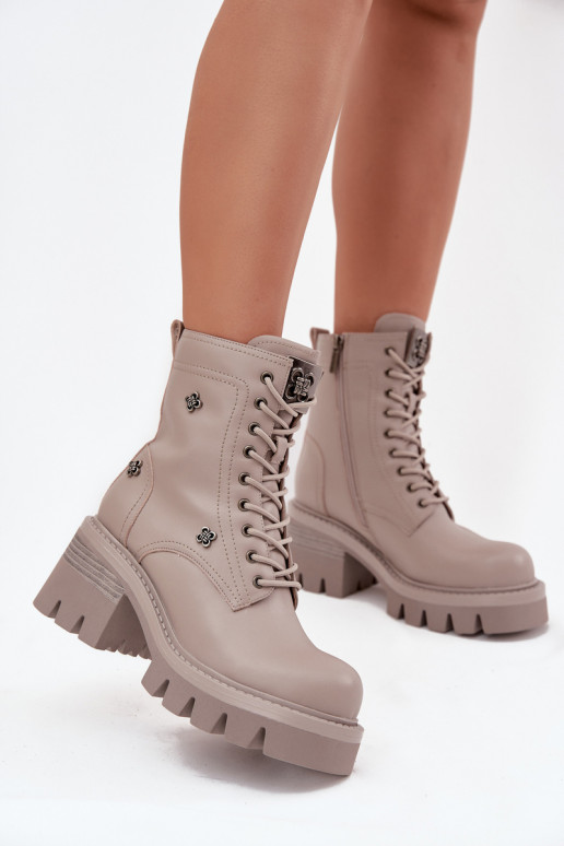 Leather women's work ankle boots with buckles in sand Artiker 57C0181