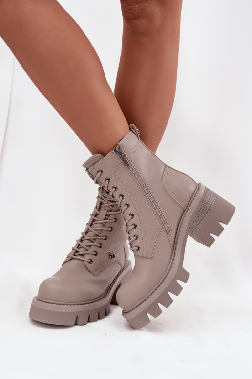 Leather women's work ankle boots with buckles in sand Artiker 57C0181