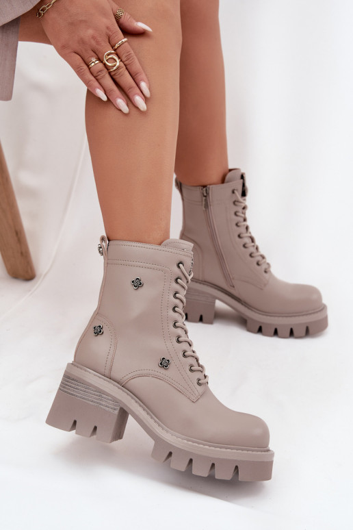 Leather women's work ankle boots with buckles in sand Artiker 57C0181