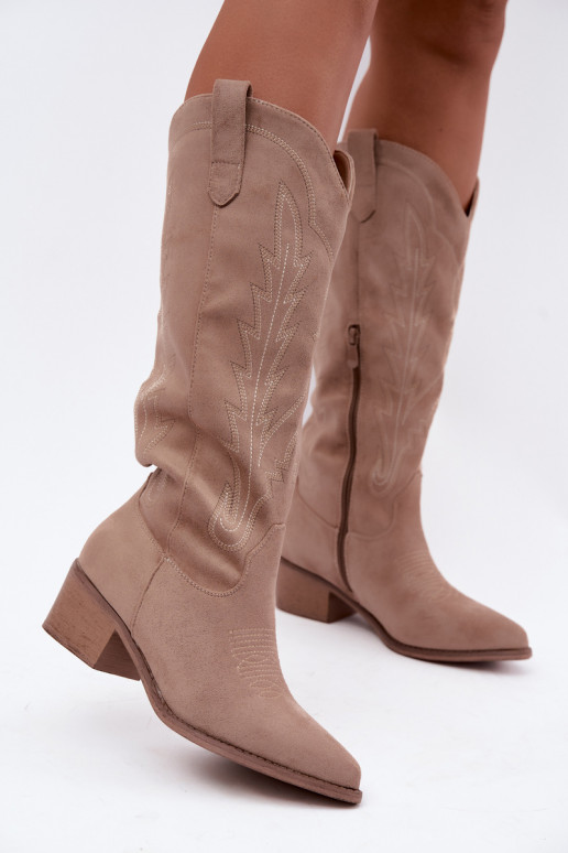 Sand-colored cowboy-style long boots Casena