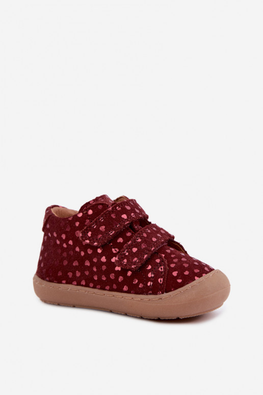 Burgundy children's suede shoes Barefoot with hearts Froddo G2130328-66