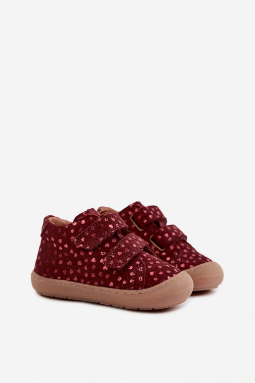 Burgundy children's suede shoes Barefoot with hearts Froddo G2130328-66