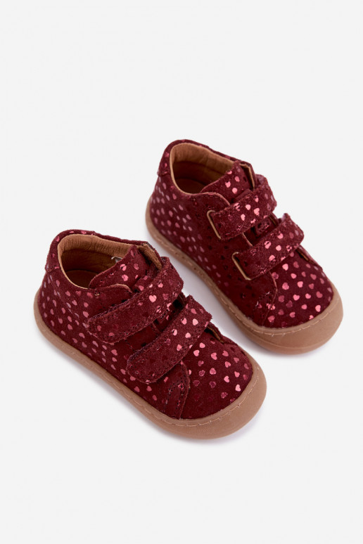 Bordo spalvos vaikiški zomšiniai batai Barefoot su širdutėmis Froddo G2130328-66