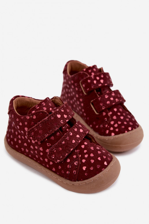 Burgundy children's suede shoes Barefoot with hearts Froddo G2130328-66