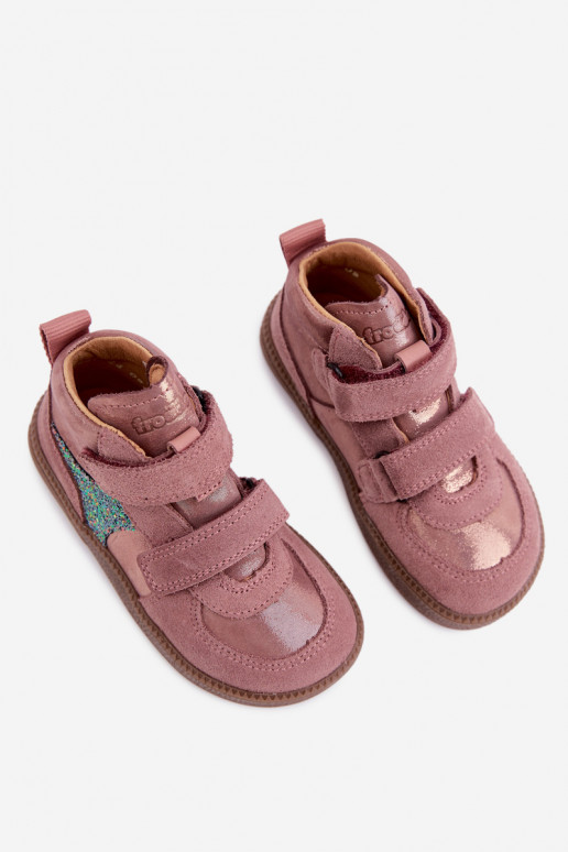 Różowe dziecięce zamszowe buty Barefoot z połyskiem Froddo G2110157-5