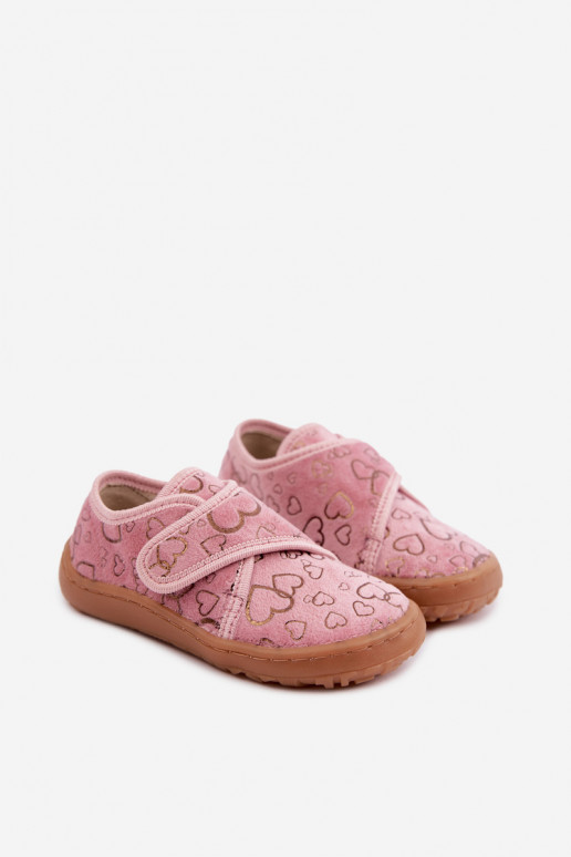 Vaikiškos šlepetės su lipniais užsegimais Barefoot Širdelės Froddo G1700438-18 rožinės spalvos