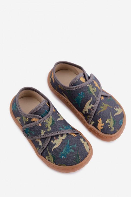 Dziecięce klapki dla chłopców z rzepami Barefoot Dinozaurai Froddo G1700438-26 w szarym