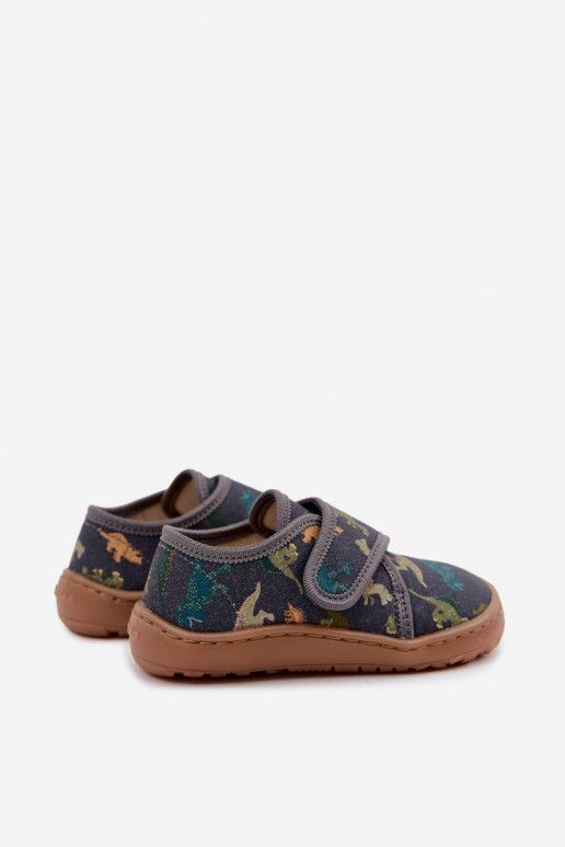 Dziecięce klapki dla chłopców z rzepami Barefoot Dinozaurai Froddo G1700438-26 w szarym