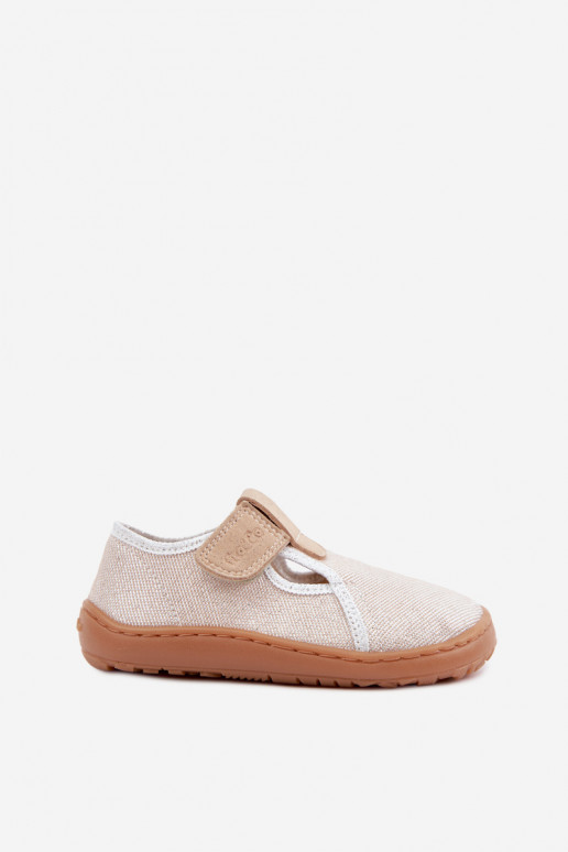 Vaikiškos šlepetės su lipniais užsegimais ir blizgesiu Barefoot Froddo Canvas G1700439-3 auksinės spalvos