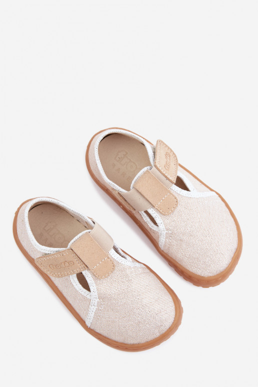 Vaikiškos šlepetės su lipniais užsegimais ir blizgesiu Barefoot Froddo Canvas G1700439-3 auksinės spalvos