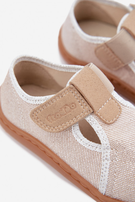 Dziecięce klapki z rzepami i blaskiem Barefoot Froddo Canvas G1700439-3 w złotym