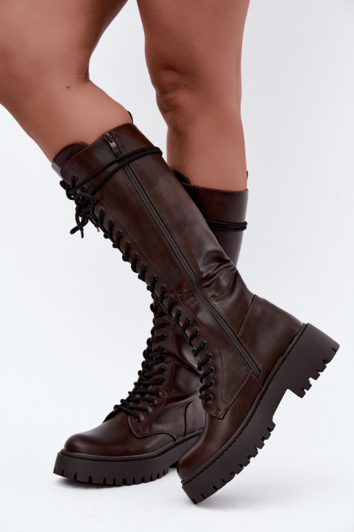 Women's lace-up knee-high boots with platform CzekoladoĮe Jalira