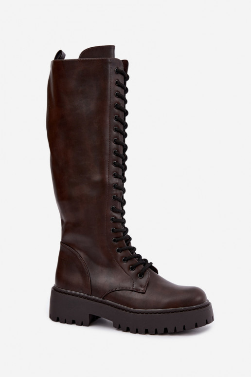 Women's lace-up knee-high boots with platform CzekoladoĮe Jalira