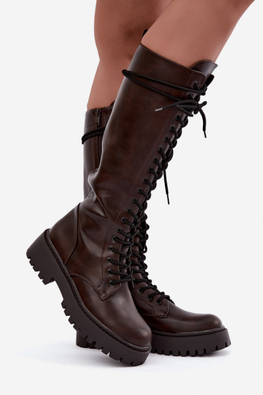 Women's lace-up knee-high boots with platform CzekoladoĮe Jalira