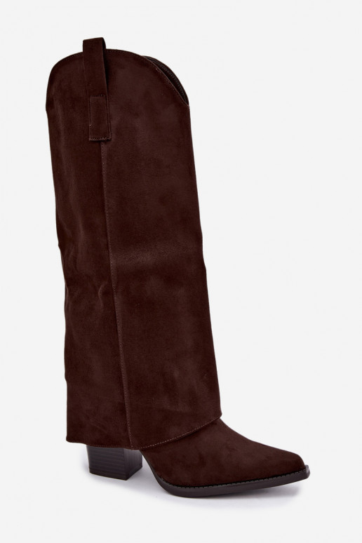 Insulated cowboy-style knee-high boots with heels and stitched shaft CzekoladoĮe Julena