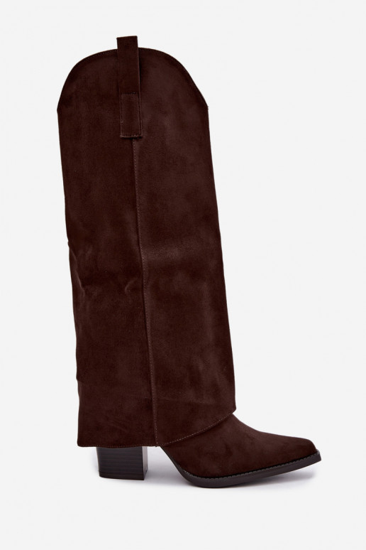 Insulated cowboy-style knee-high boots with heels and stitched shaft CzekoladoĮe Julena