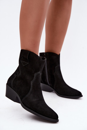 Leather Suede Cowboy Boots with Heels Black Daliae