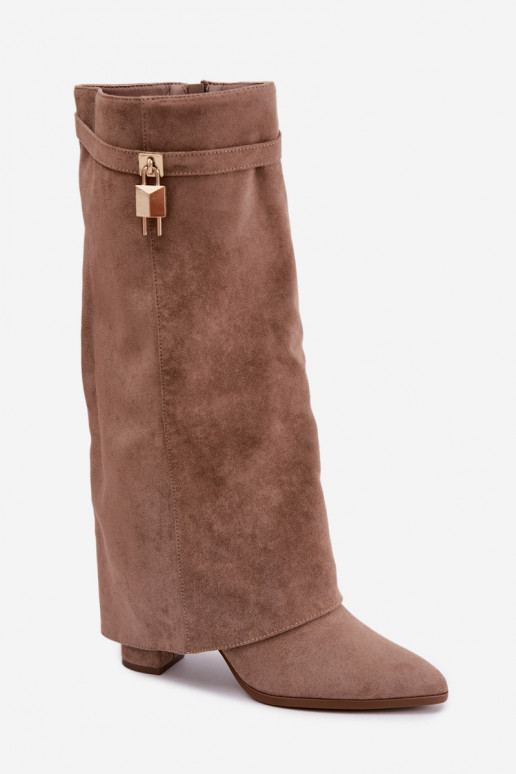 Warm long boots with heels featuring an embedded golden decoration in sand color Danessa