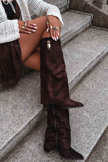 Women's Insulated Block Heel Boots With Turned-Up Shaft Gold Decoration Chocolate Danessa