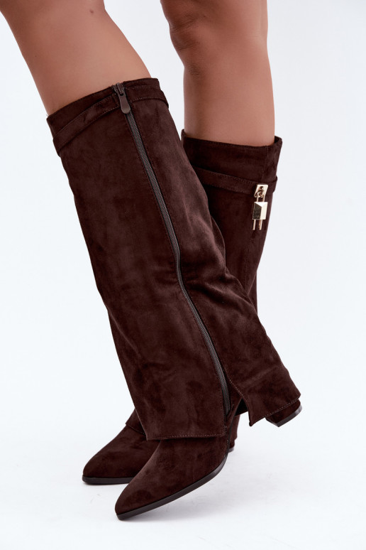 Warm long boots with heels featuring an embedded golden decoration in brown color Danessa